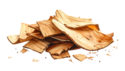 Pile of dry, light-brown wood shavings, realistic, isolated