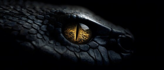 Fototapeta premium view showcases a dark, textured snake with a vibrant, gold-colored eye; dramatic lighting creates a mysterious and captivating atmosphere, emphasizing the intricate scales and the animal's intense...