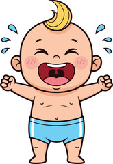 Happy cartoon baby vector illustration, joyful toddler character with blue shorts, expressive pose, cute smile, parenting concept, childcare design, cad drawing flat vector illustration