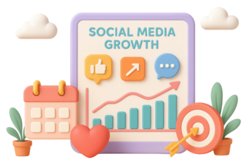 Social media growth concept with computer screen icons and target isolated on a transparent background