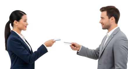 Professional business partners swiftly exchange contact information, establishing new connections with a dynamic, efficient networking interaction