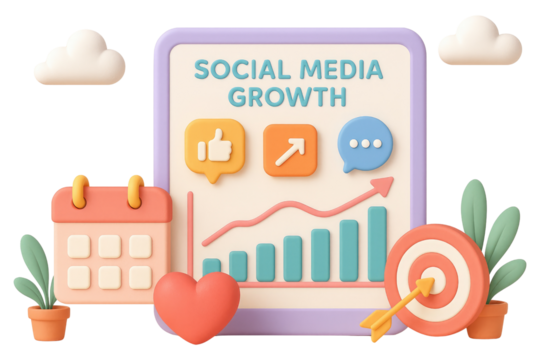 Social media growth concept with computer screen icons and target isolated on a transparent background