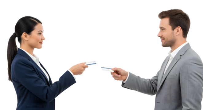 Professional business partners swiftly exchange contact information, establishing new connections with a dynamic, efficient networking interaction