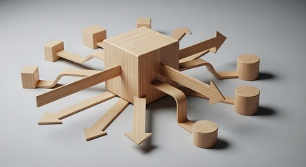 Wooden cube with arrows pointing in different directions, representing distribution and divergence