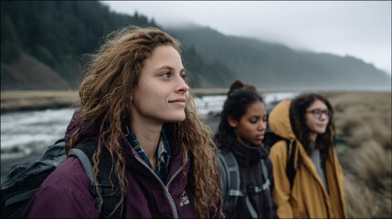 High school students enjoying a group hike in a scenic nature landscape on a cloudy day