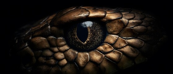 Fototapeta premium Captivating focuses on a snake's eye, showcasing detailed textures and rich earthy tones against a dark background.