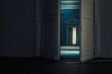 A door and a hall in a huge abandoned palace. An old door. A look through the door. A mystical...