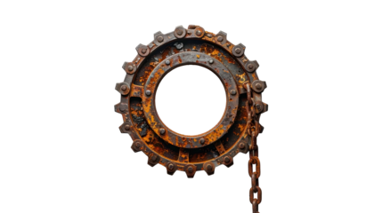 Rusty gear-shaped mechanism with chain hanging, isolated on black