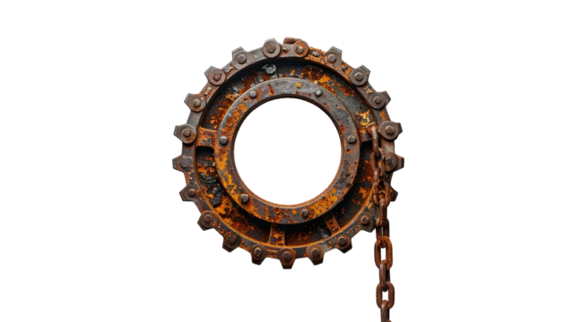Rusty gear-shaped mechanism with chain hanging, isolated on black
