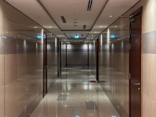 Fototapeta premium Symmetrical hallway with shiny marble walls and ceiling lamps. Interior of office or hotel building with clean design and perspective view. 