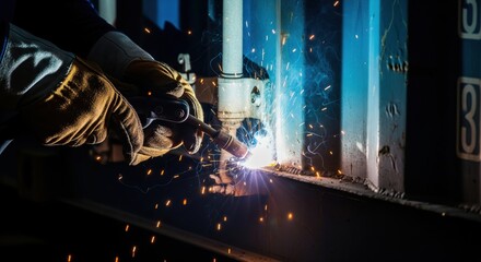 Welder in protective gloves using a welding torch to repair a metal shipping container