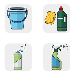 Cleaning supplies isolated on white background bucket, sponge, bottle of detergent and aerosol can