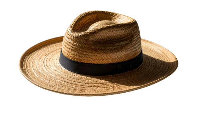 Woven fedora hat with dark band casting a shadow