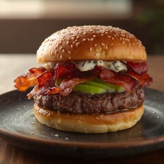 A Gourmet Burger With A Beef Patty, Blue Cheese, Bacon, And Avocado On A Sesame Seed Bun