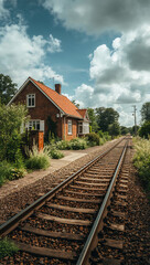 Fototapeta premium Idyllic brick cottage sits beside tranquil railway tracks leading to distant horizon under dramatic sky