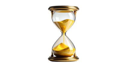 Golden hourglass, yellow sand flowing, isolated on black background