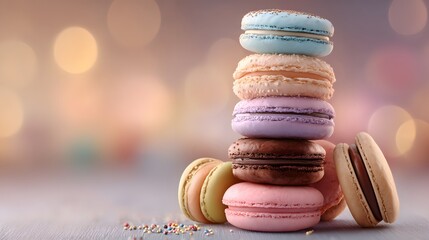 Colorful Macarons Stacked on a Table with Soft Background Bokeh