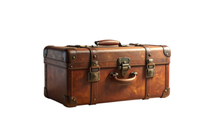 Vintage leather suitcase with brass hardware, isolated on black