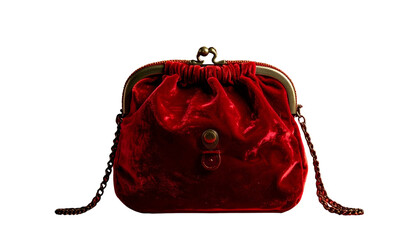 Red velvet purse with metal clasp and chain strap against black
