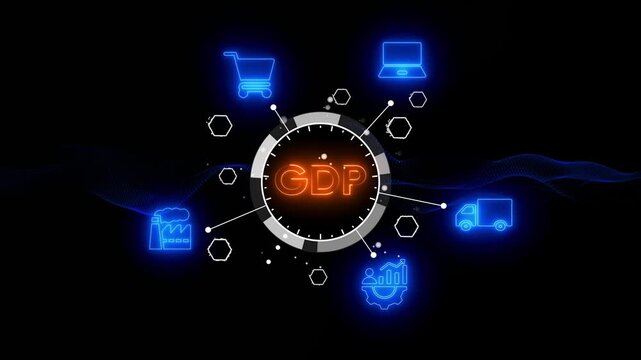 Digital dashboard with GDP text and business icons on a dark background Keywords: GDP, gross domestic product, dashboard, business, finance, analytics, data, strategy