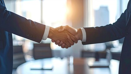 Close Up of a Handshake Between Two Men in Suits with Sunlight and Blurred Office Background Cooperation and Agreement