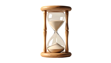 Sand clock, wooden frame with white sand, dark background, concept of time