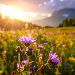Vibrant wildflowers bathed in sunset light