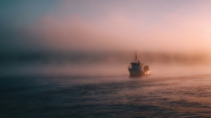 Fototapeta premium A fishing boat sails through dense morning fog illuminated by soft dawn light
