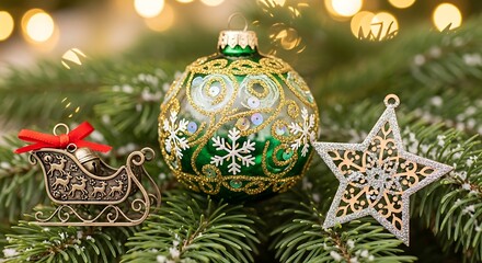 Elegant Christmas Ornament Display with Sleigh Star and Green Bauble on Pine Branches