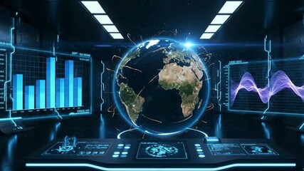 Dynamic global network analysis with digital graphs and futuristic interface in a high tech control room, ideal for business tech presentations - Powered by Adobe