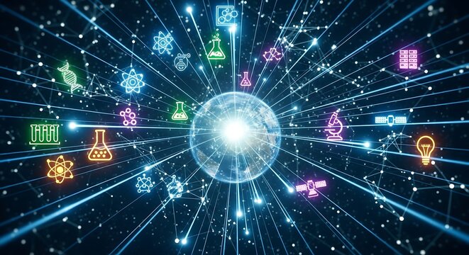 Abstract Digital Network Connecting Science Icons Around a Bright Globe - Powered by Adobe