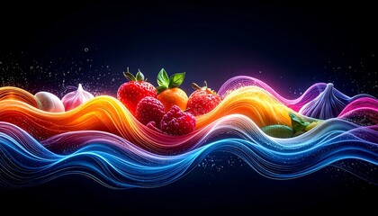 Vibrant digital artwork of fruit against flowing colorful wave-like lines of light, a dark background