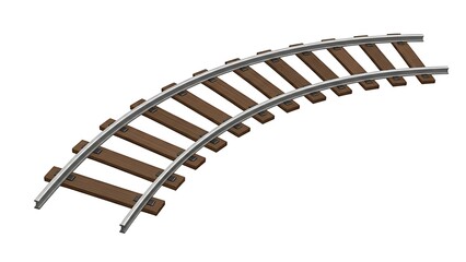 Isolated curved train track railway railroad transportation rail steel sleepers curve track system 3d rendering on transparent background