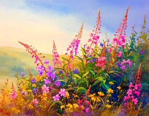 Vibrant wildflowers in a landscape painting