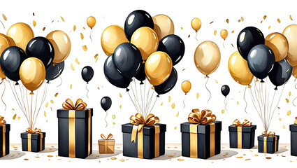 Elegant Black and Gold Celebration Featuring Gift Boxes and Balloons on a White Background Ideal for Holiday Themes and Special Occasions