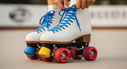 Hands tying the blue laces on a pair of white roller skate boots close