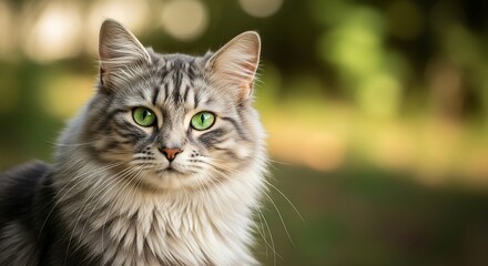 Majestic maine coon cat with striking green eyes gazes intently outdoors