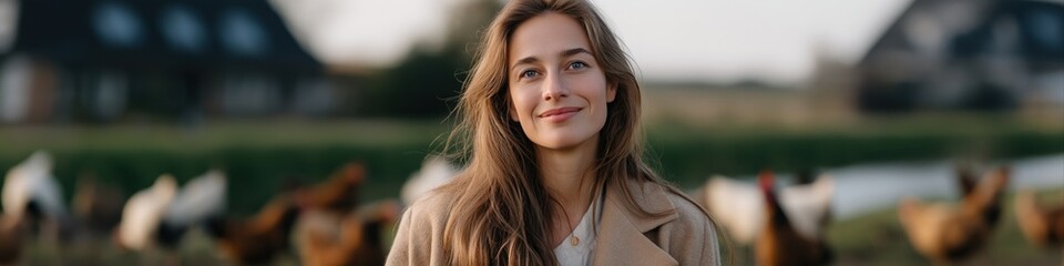 Obraz premium Smiling young caucasian woman in countryside with chickens in background