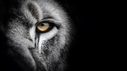 Detailed macro perspective showcases the captivating eye of an animal, set against a stark black background, highlighting the intricate textures of fur and the golden iris, creating a striking...