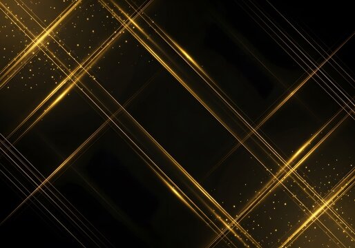 Luxurious black background with golden intersecting lines and sparkling glitter effect