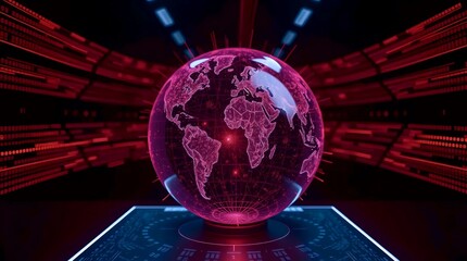 glowing holographic pink globe of earth floating in futuristic digital space with red lights
