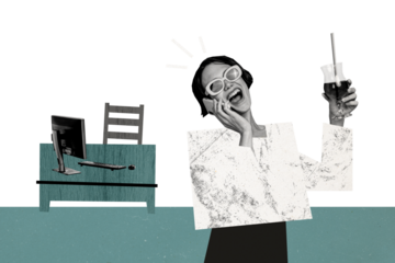 Composite photo collage of businesswoman speak phone hold cocktail day off relax office pc tool freelance isolated on painted background