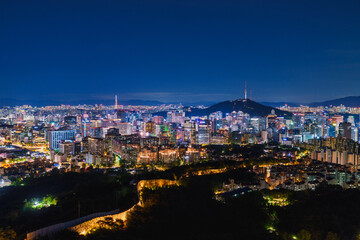 Fototapeta premium south korea, seoul city and seoul sky, night view, lotte tower, night view city, seoul city, night lights, outdoor, sunrise, namhansanseong fortress, namhansanseong, seoul south korea, korean, metrop