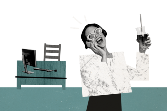 Composite photo collage of businesswoman speak phone hold cocktail day off relax office pc tool freelance isolated on painted background