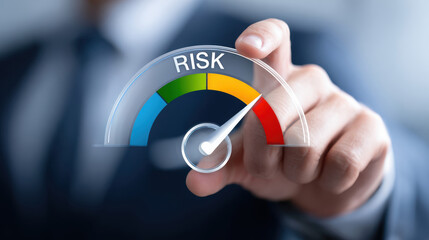 businessman&rsquo;s hand points toward a rising risk meter, symbolizing business uncertainty, strategic decision-making, and the evaluation of potential threats or investments