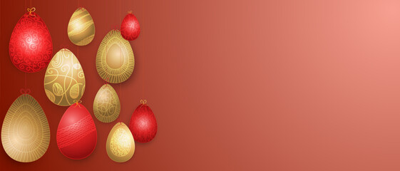 Golden Easter eggs greeting banner card, poster, flyer design. Pattern for presentation, brochure, templates set, background.