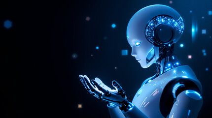Fototapeta premium Futuristic Humanoid Robot with Glowing Hands in Dark Digital Space