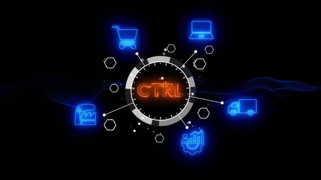 Neon CTRL Icons Connected to Central Clock with Digital Wave Background Keywords: ctrl, control, management, business, commerce, retail, sales, marketing, finance, economy
