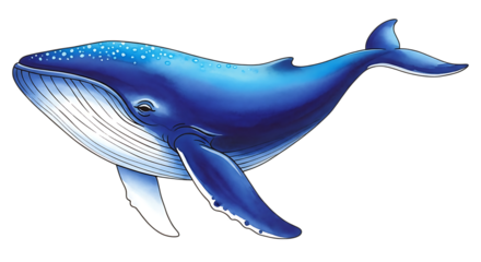 Illustration of a beautiful blue whale swimming in the ocean, isolated on transparent background