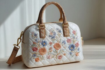 White Quilted Satchel Bag with Embroidered Flowers